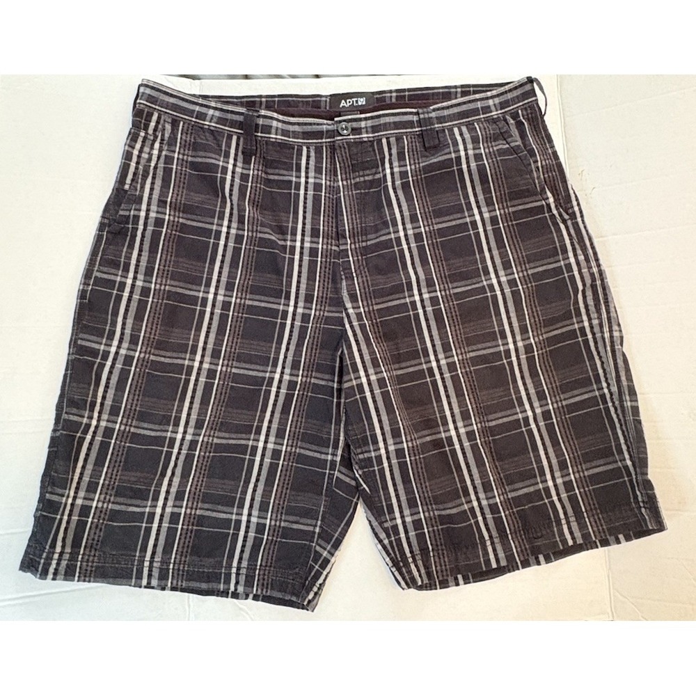 Apt. 9 Men's Plaid Shorts 100% Cotton Black Gray White Flat Front Pockets sz 42